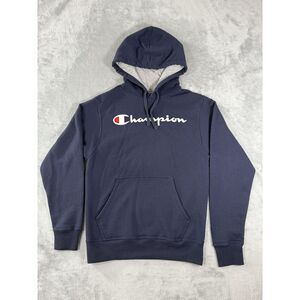 Champion Hoodie Mens Small Blue Spellout Pullover
